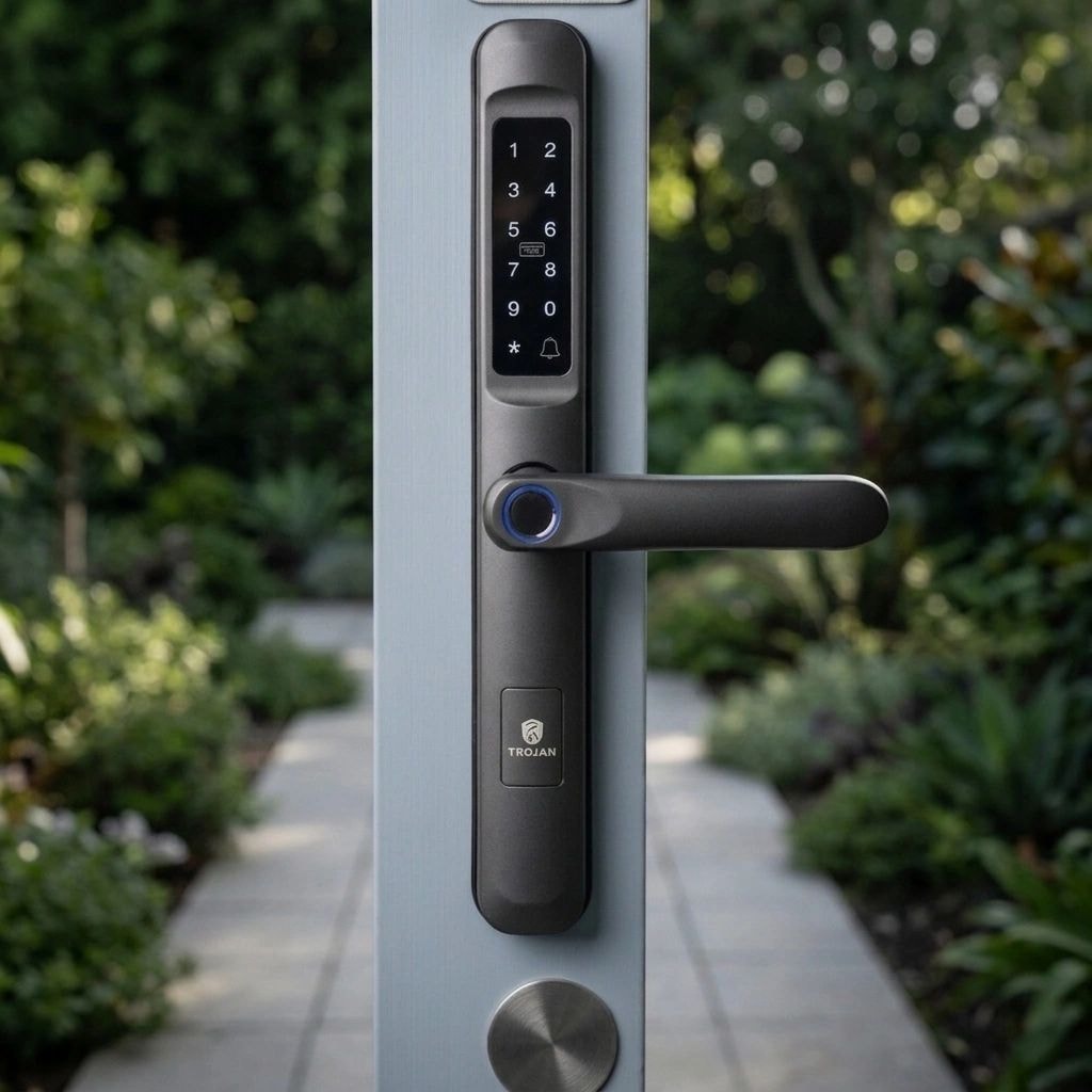 Trojan smart lock lever handle installed on residential door — Rhodes NSW